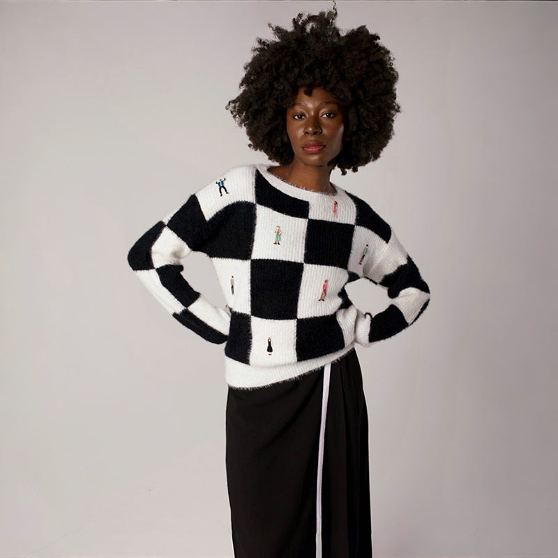Checkered Knitted Jumper With Embroidery Patches