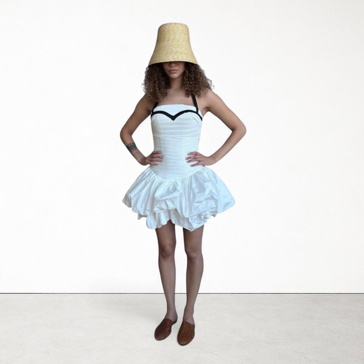 White rushed mini dress with corset top and black application