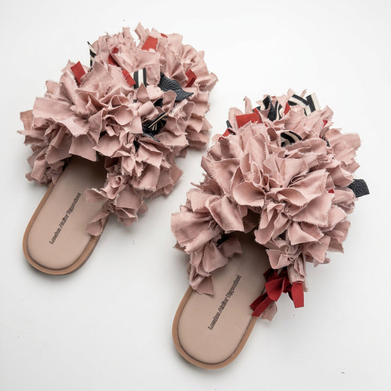 Pom Pom Blush Fabric and Leather Mules Slip On Shoes