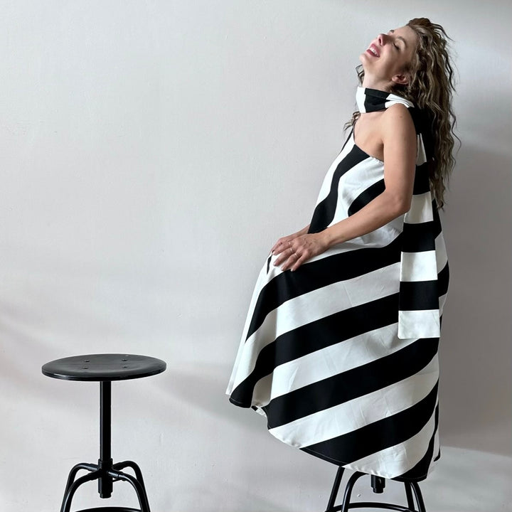 Striped one shoulder A line dress with matching long tie