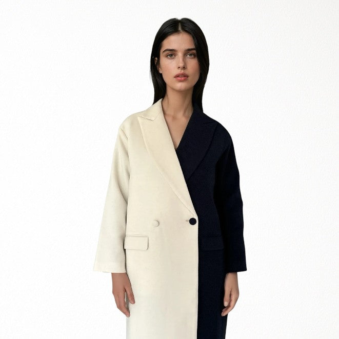 Navy And White Wool Double Breasted Trench Coat