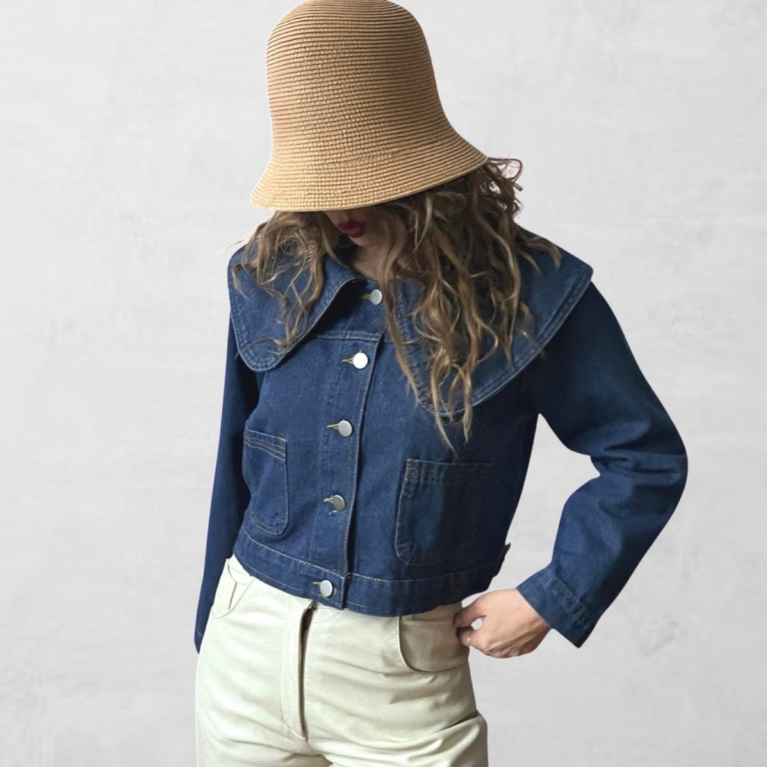 Blue cropped denim jacket with oversize peter pan collar