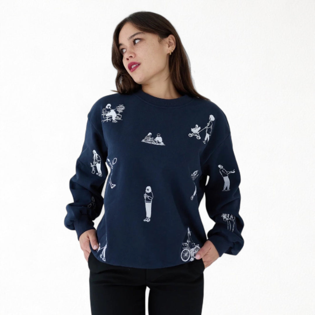 Navy heavyweight jumper with people embroidery