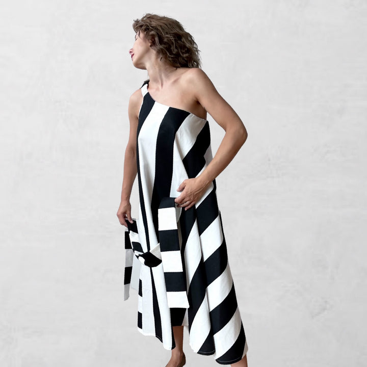 Striped one shoulder A line dress with matching long tie