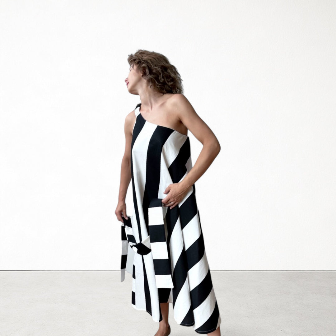 Striped one shoulder A line dress with matching long tie