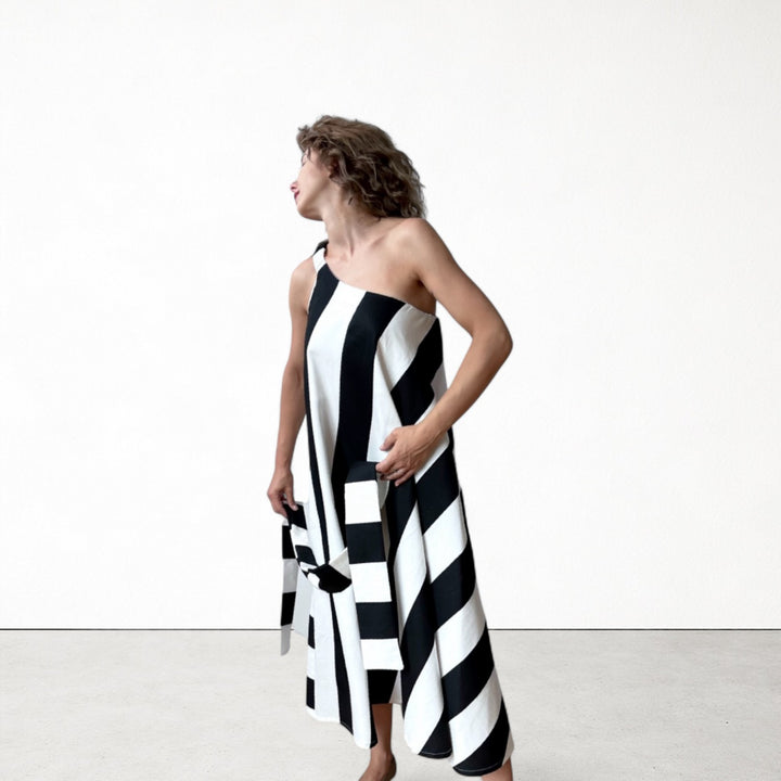 Striped one shoulder A line dress with matching long tie