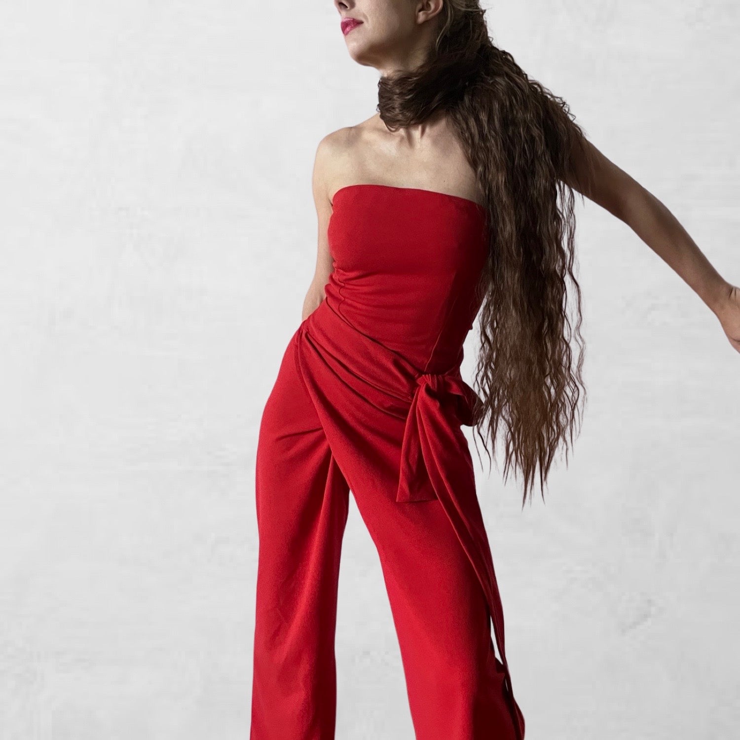 Red corset and wrap wide leg trousers co ordinates set