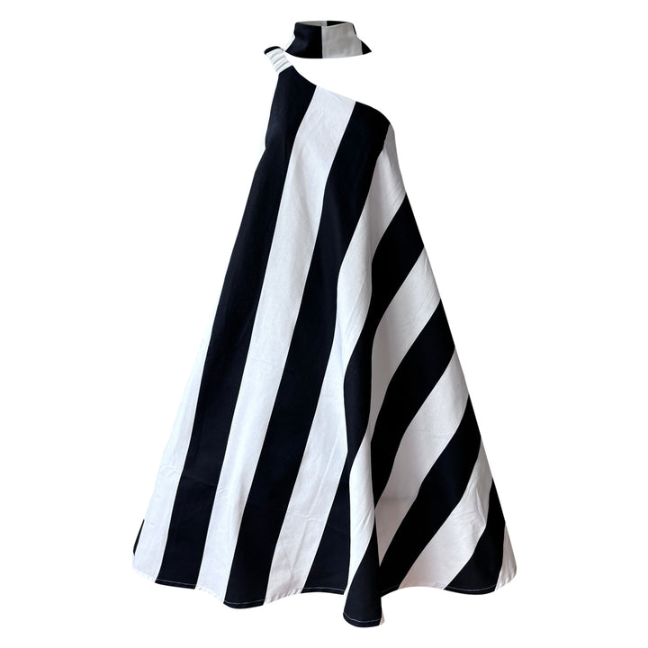 Striped one shoulder A line dress with matching long tie