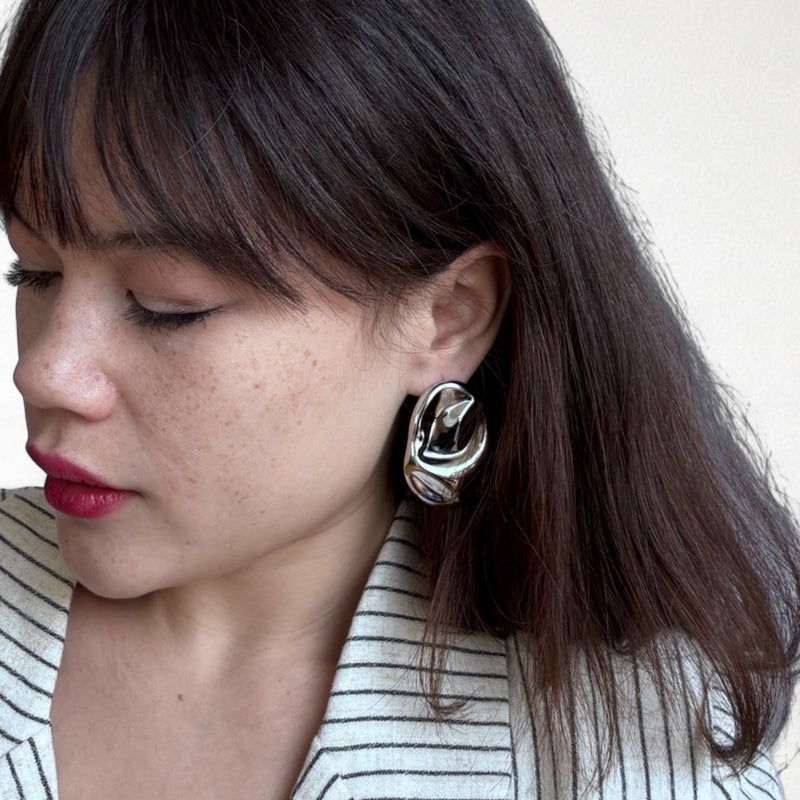 Silver Big Geometric Oval Earrings