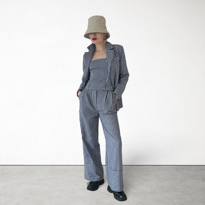 Blue White Striped Blazer Trousers Corset And Tote Bag Four Piece Set