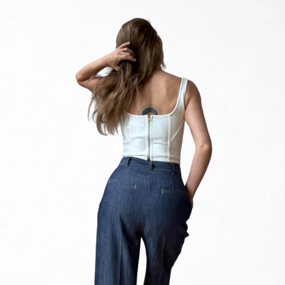 White rib knit corset top with bows