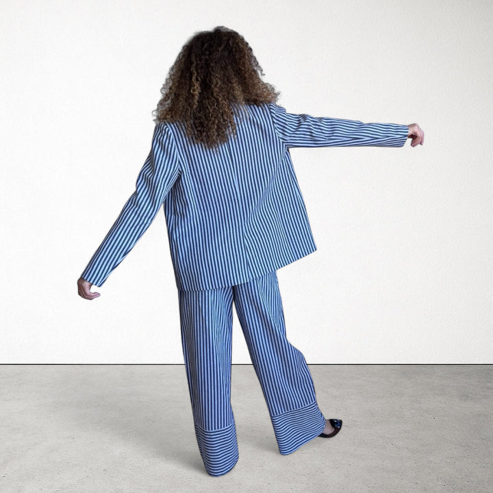 Blue White Striped Blazer Trousers Corset And Tote Bag Four Piece Set