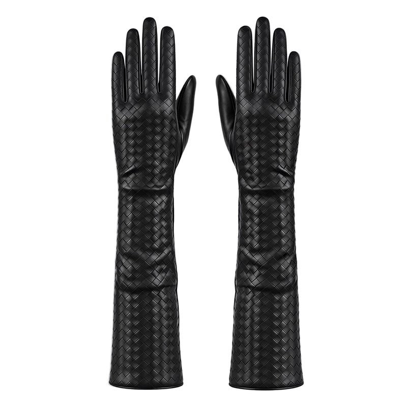 Black Woven Leather Long Gloves