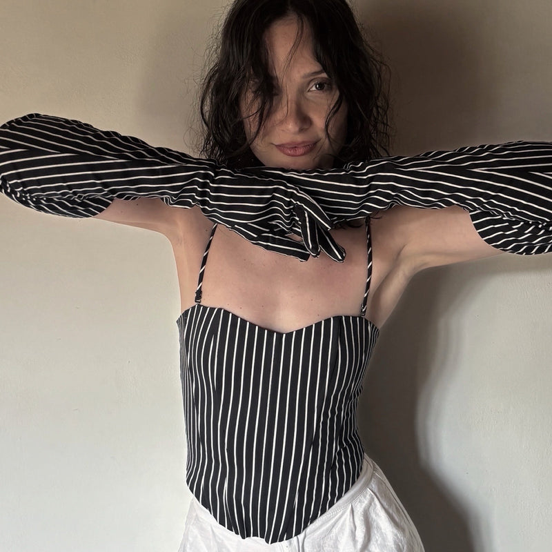 Black Pinstripes Sweetheart Corset With Long Gloves