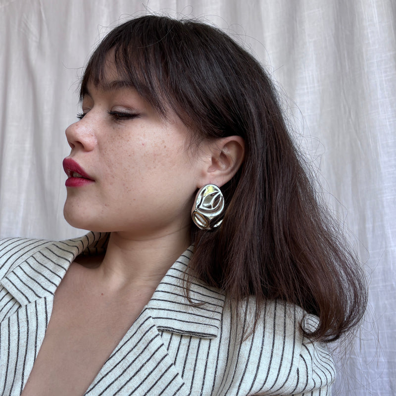 Silver Big Geometric Oval Earrings