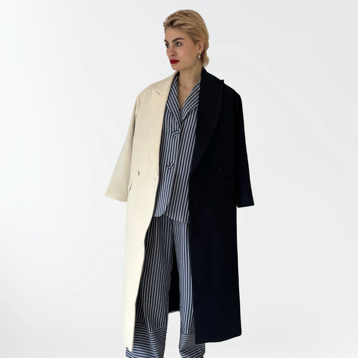 Navy And White Wool Double Breasted Trench Coat