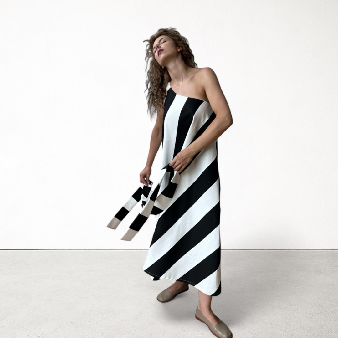 Striped one shoulder A line dress with matching long tie