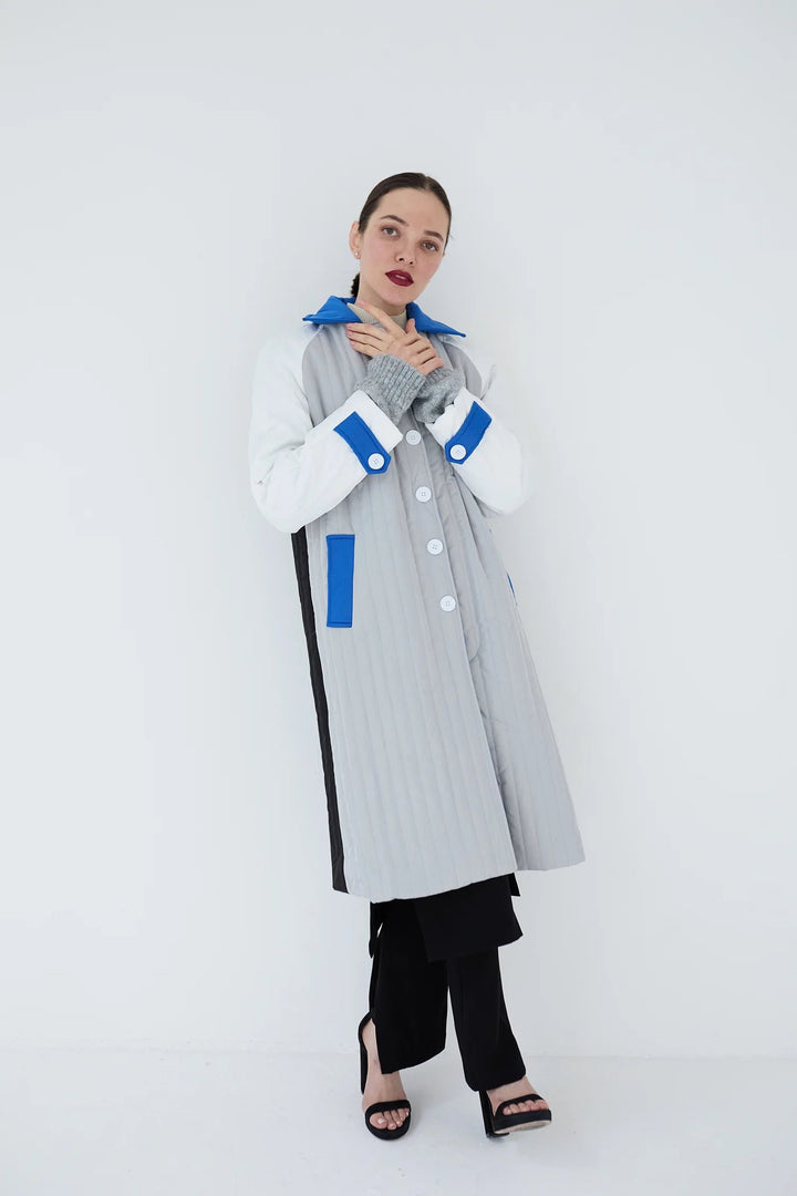 White Grey Blue Patchwork Colour Block Quilt Long Jacket