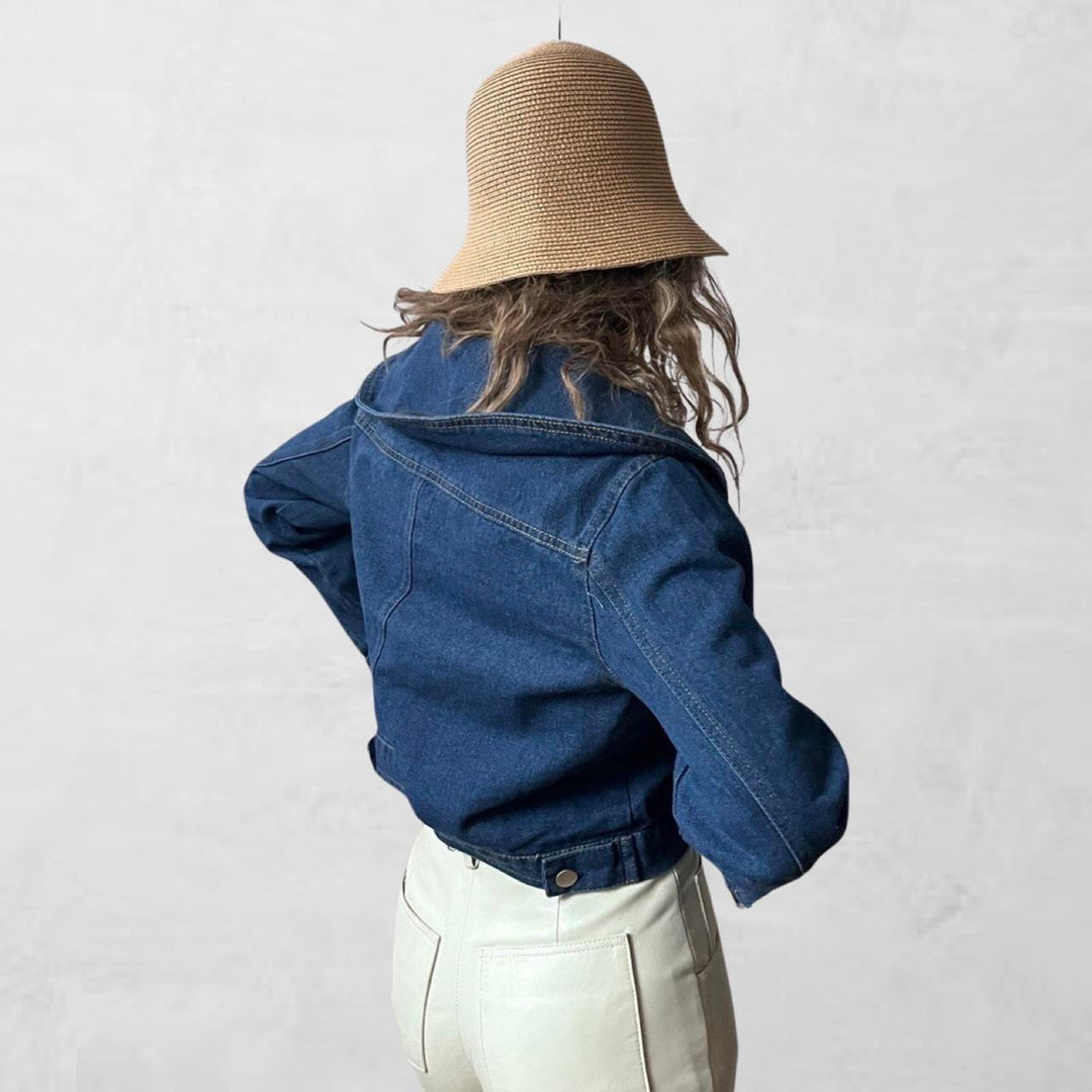 Blue cropped denim jacket with oversize peter pan collar