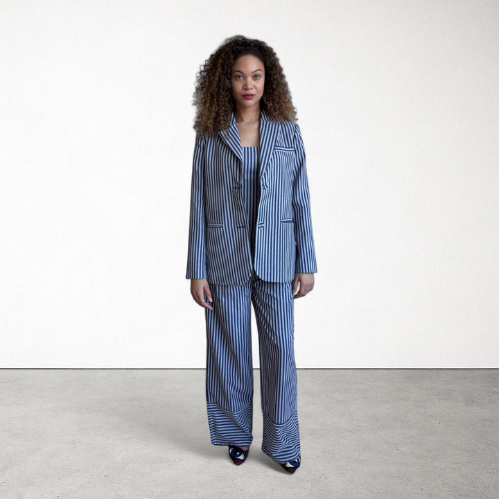 Blue White Striped Blazer Trousers Corset And Tote Bag Four Piece Set