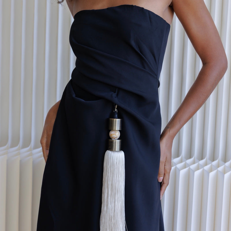 Black Strapless Dress With Asymmetrical Folds And Pearl Detail (Copy)