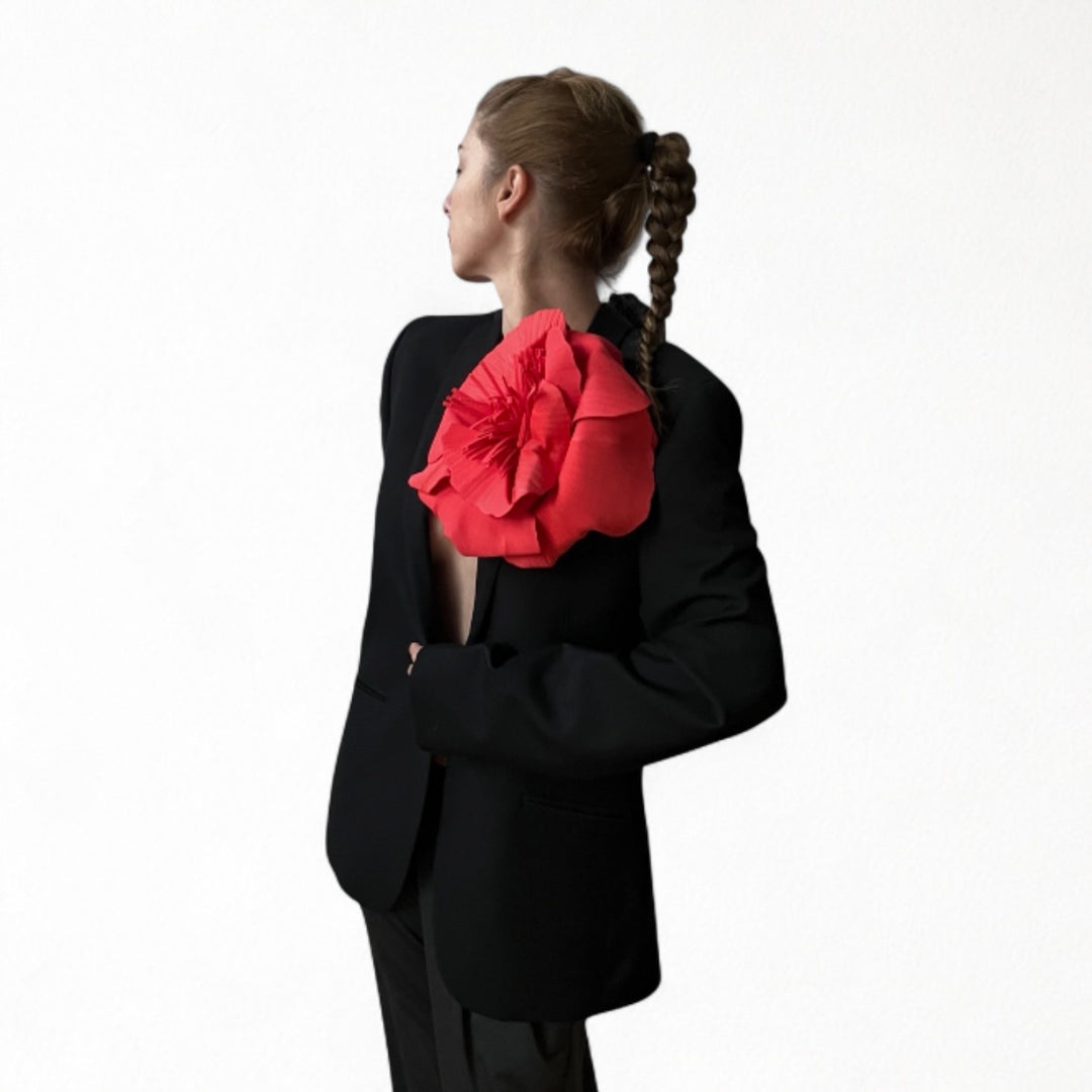 Reworked men's blazer with red flower pin
