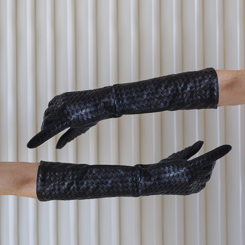 Black Woven Leather Long Gloves
