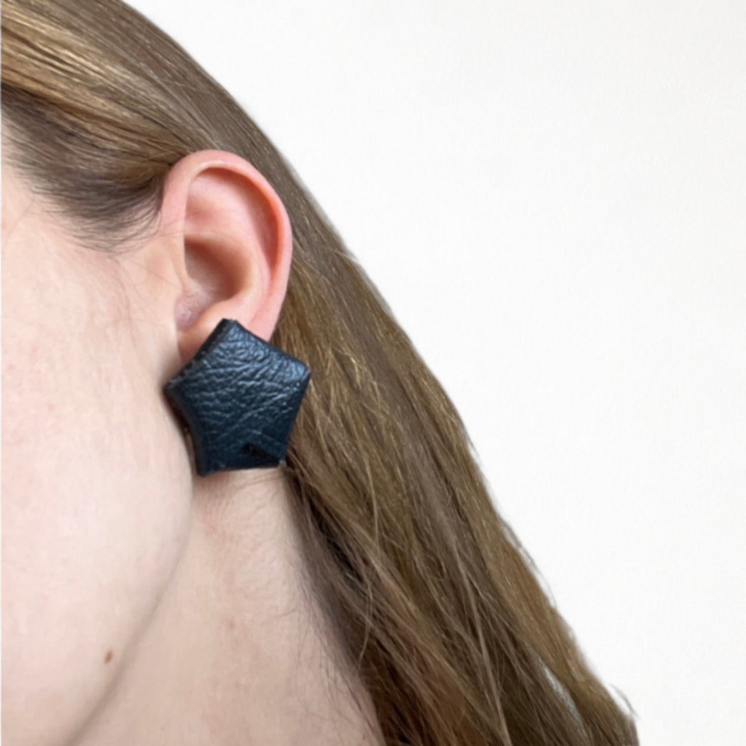 Origami navy nappa leather stud earrings
