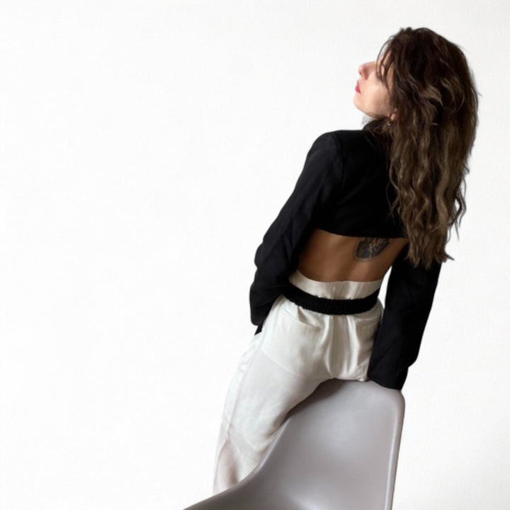 Reworked black blazer with wrap detail and cut out back