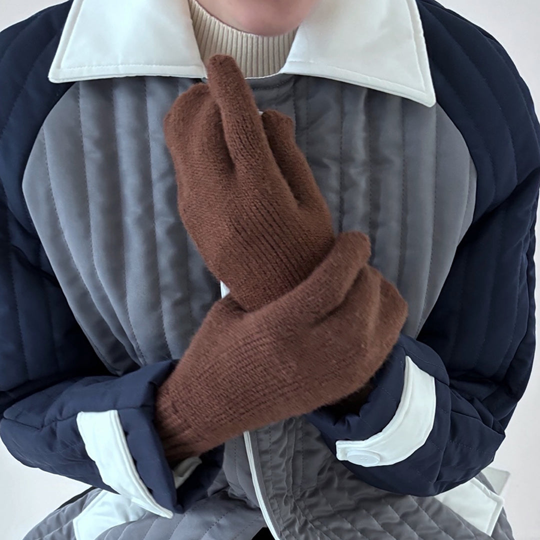 Brown Soft Two Finger Knitted Mitten Gloves