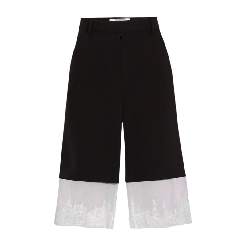 Black Wide Leg Capri Trousers With Embroidery Lace