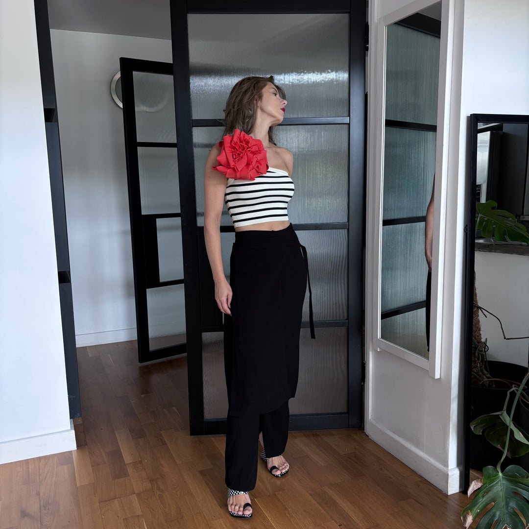 Striped one shoulder crop top with red flower pin