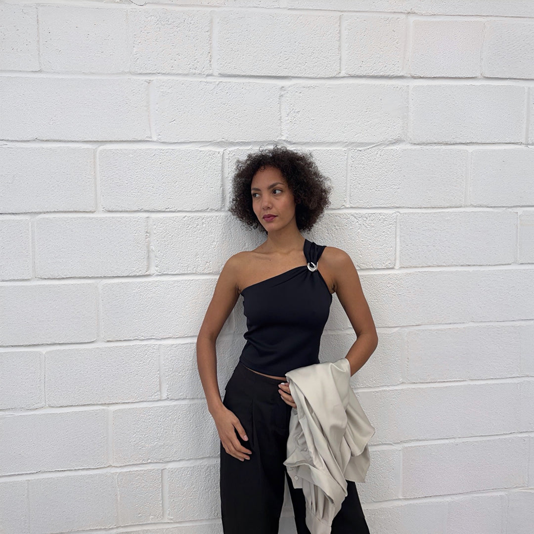 Black One Shoulder Top With Brooch