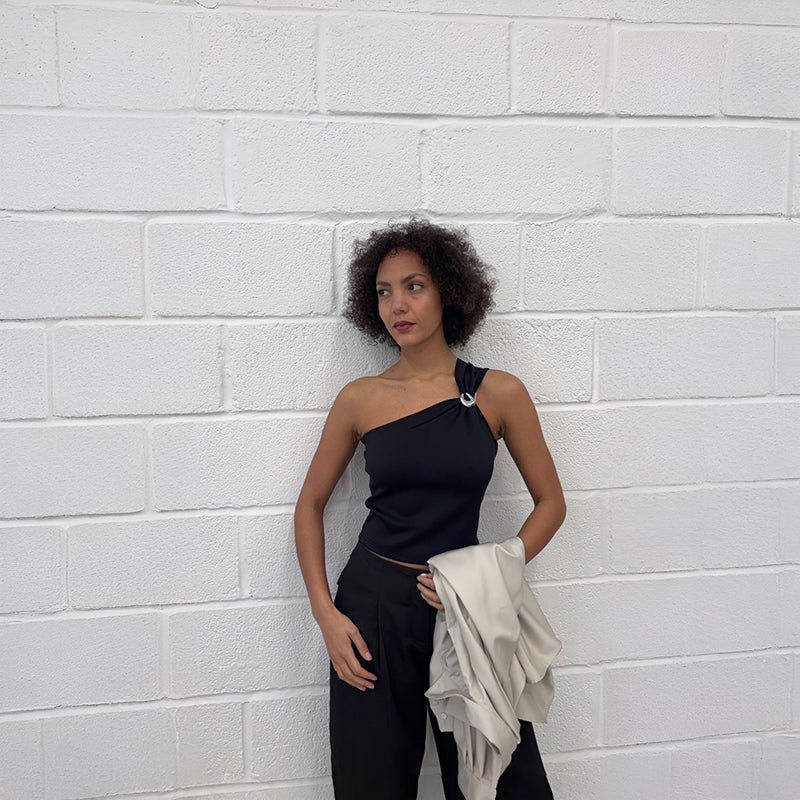 Black One Shoulder Top With Brooch