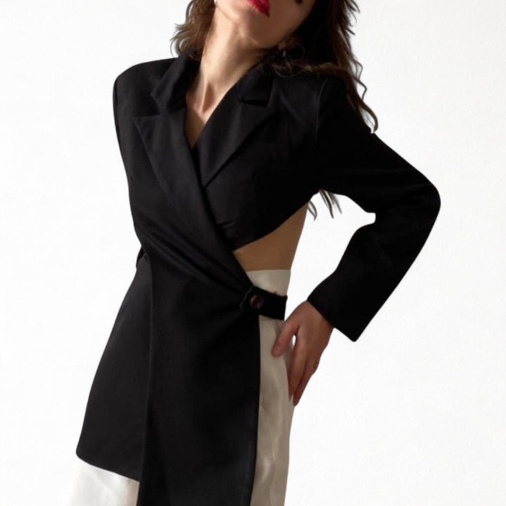 Reworked black blazer with wrap detail and cut out back