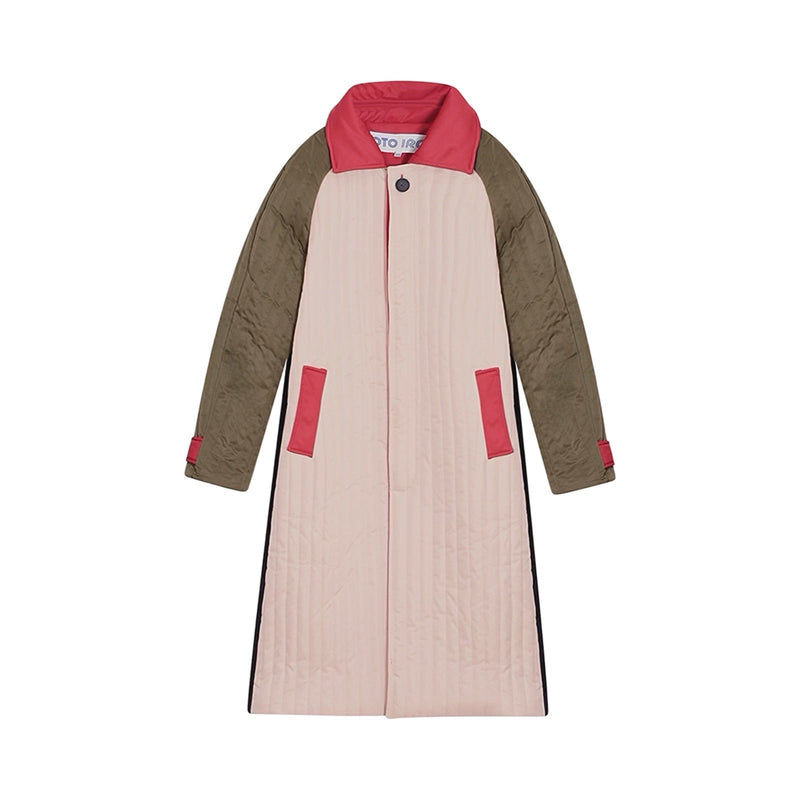Beige Khaki Patchwork Color Block Quilt Long Jacket