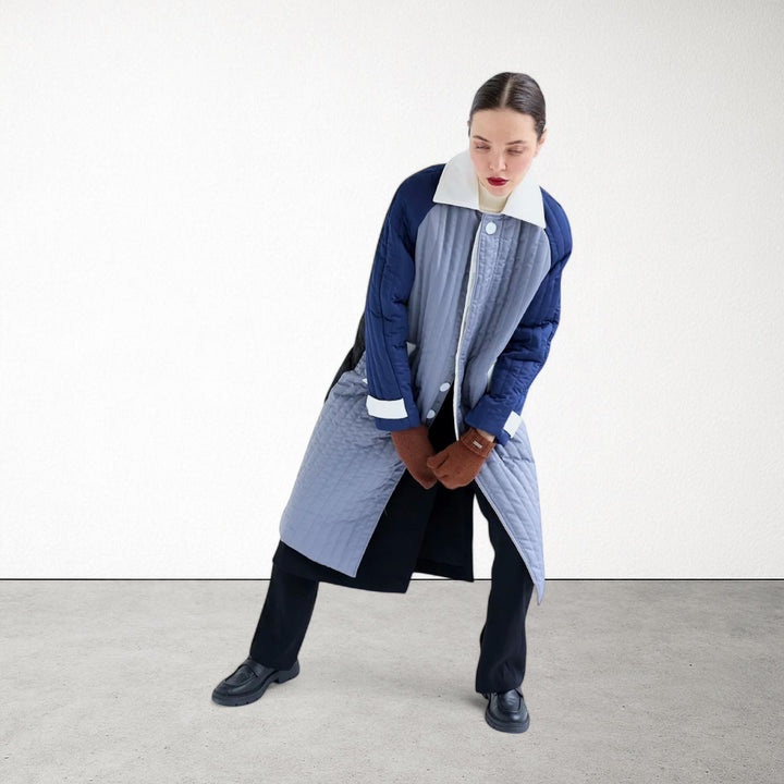 Grey Navy White Patchwork Colour Block Quilt Long Jacket