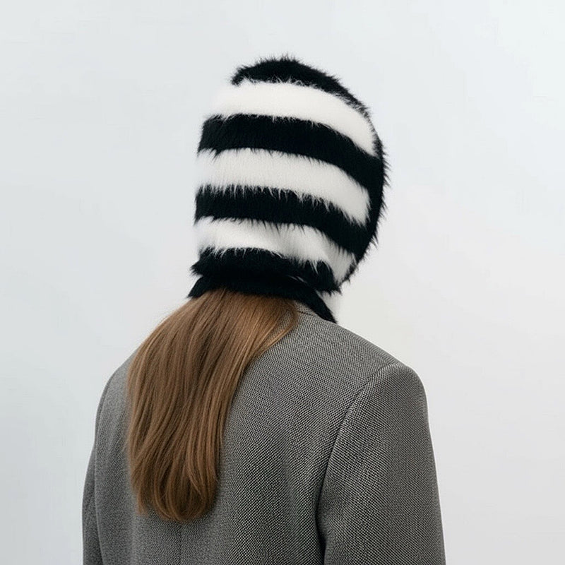 Striped Black And White Striped Fuzzy Balaclava