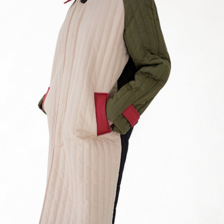 Beige Khaki Patchwork Color Block Quilt Long Jacket