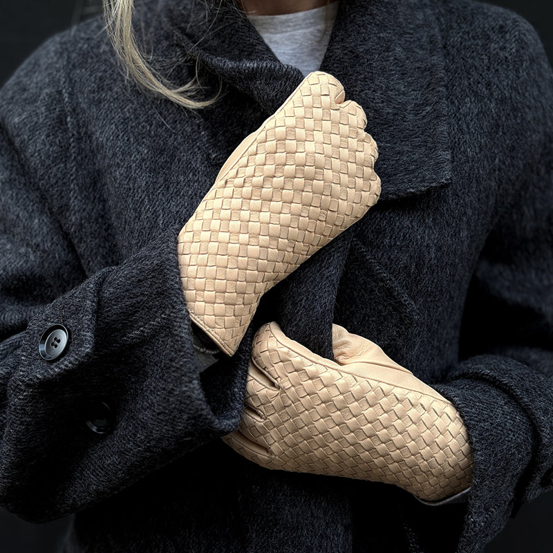 Beige Woven Leather Short Gloves