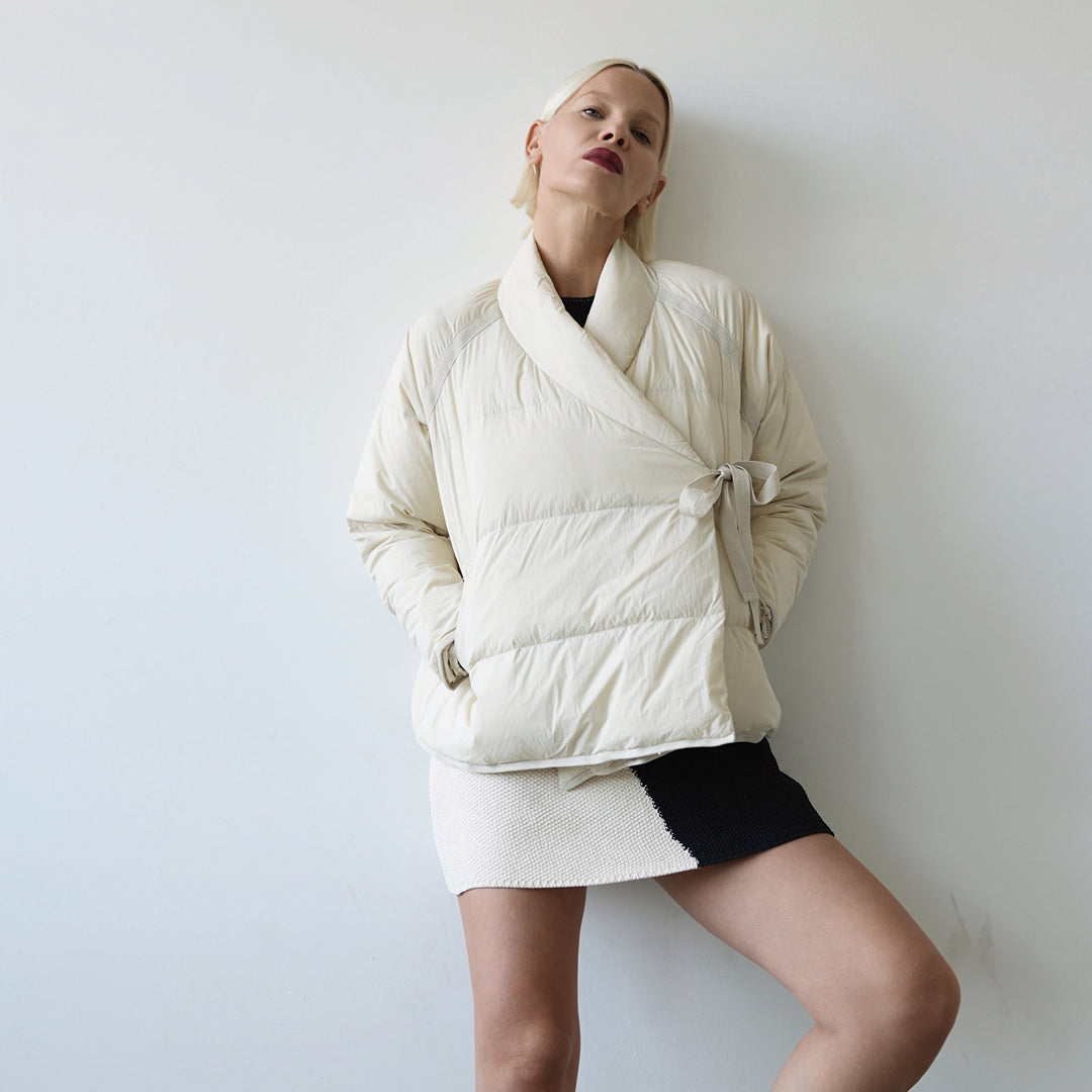 Beige Quilted Wrap Down Jacket