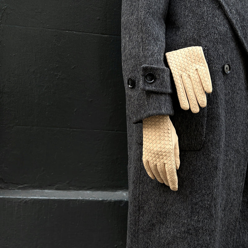 Beige Woven Leather Short Gloves