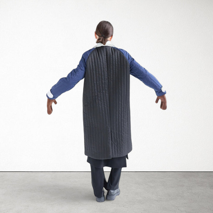 Grey Navy White Patchwork Colour Block Quilt Long Jacket