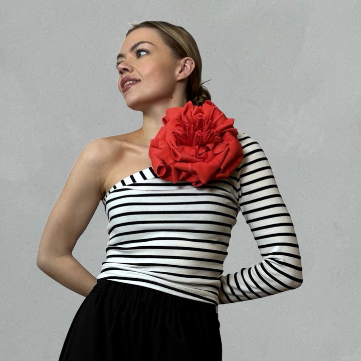 Striped One Sleeve Top With Red Flower Pin