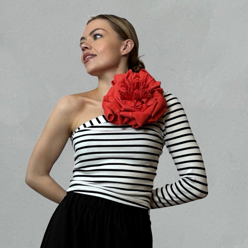Striped One Sleeve Top With Red Flower Pin