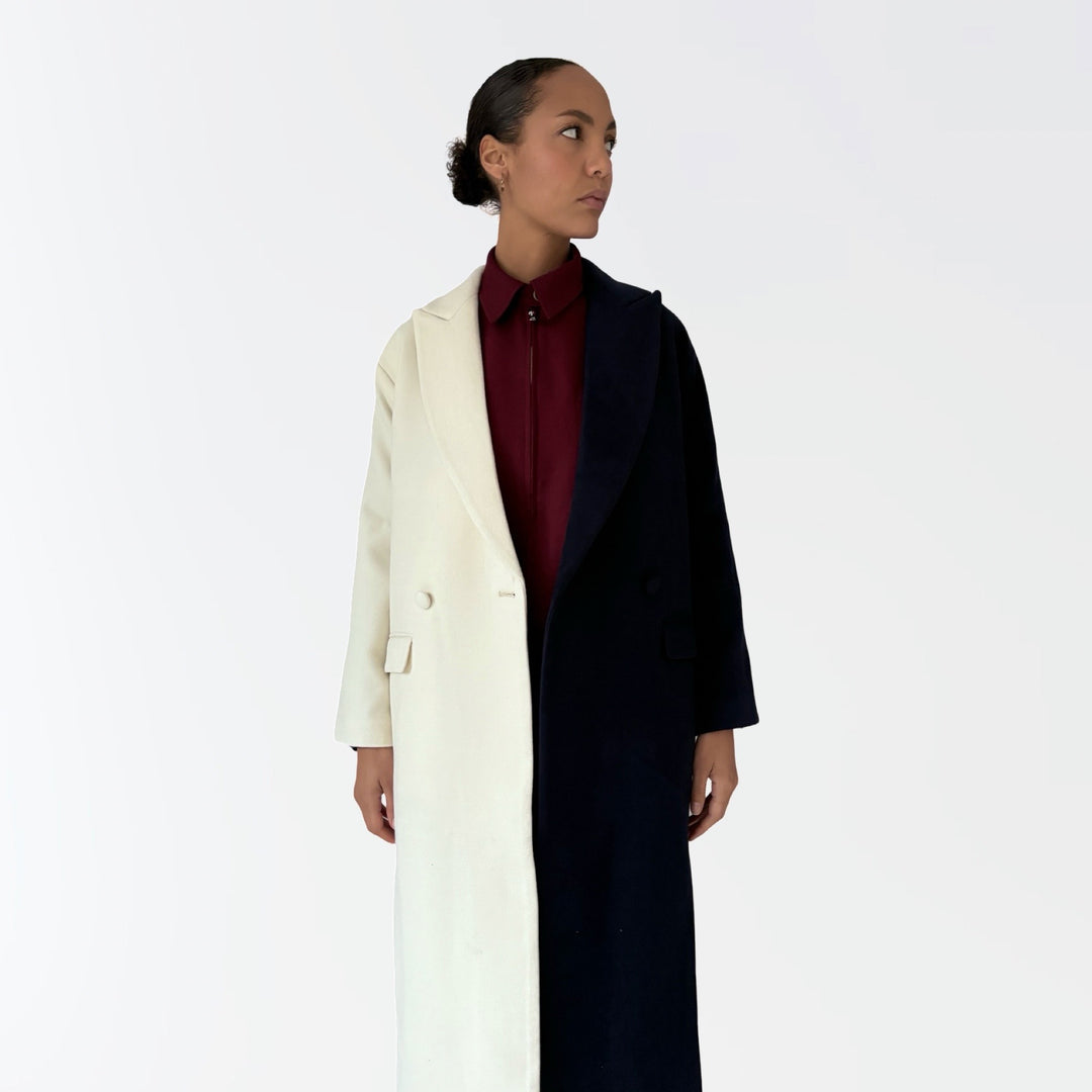 Navy And White Wool Double Breasted Trench Coat