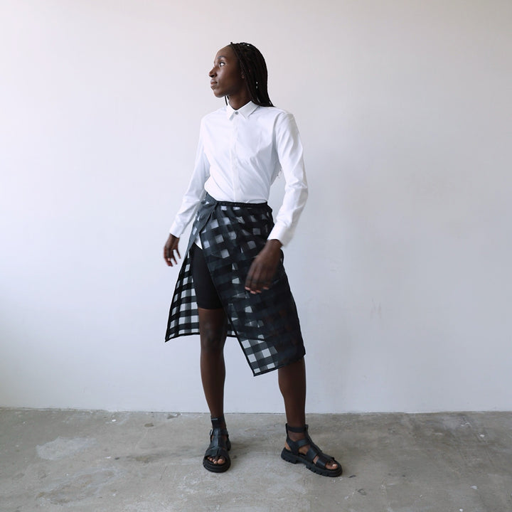 Black checkered organza wrap skirt