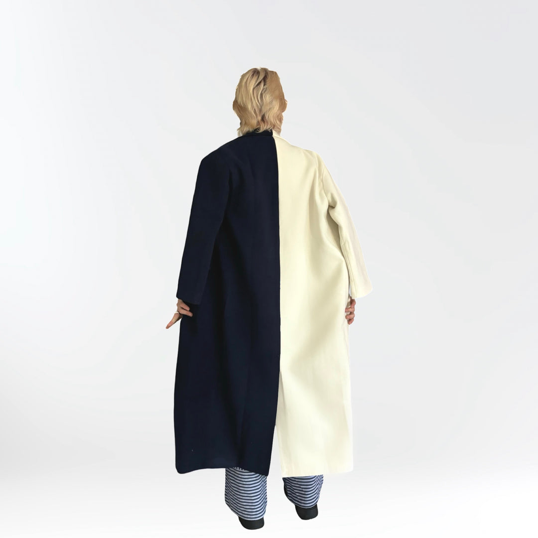 Navy And White Wool Double Breasted Trench Coat