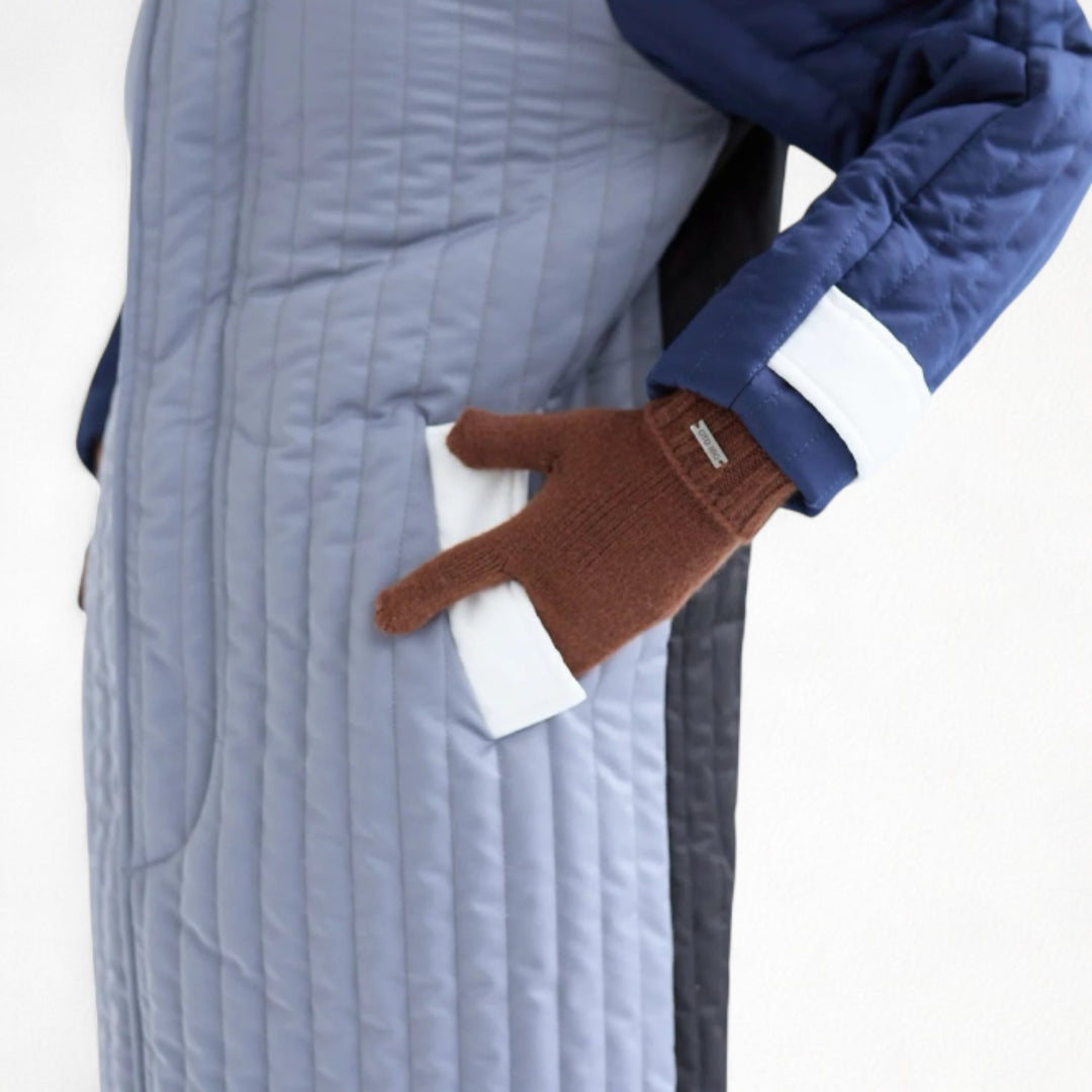 Grey Navy White Patchwork Colour Block Quilt Long Jacket