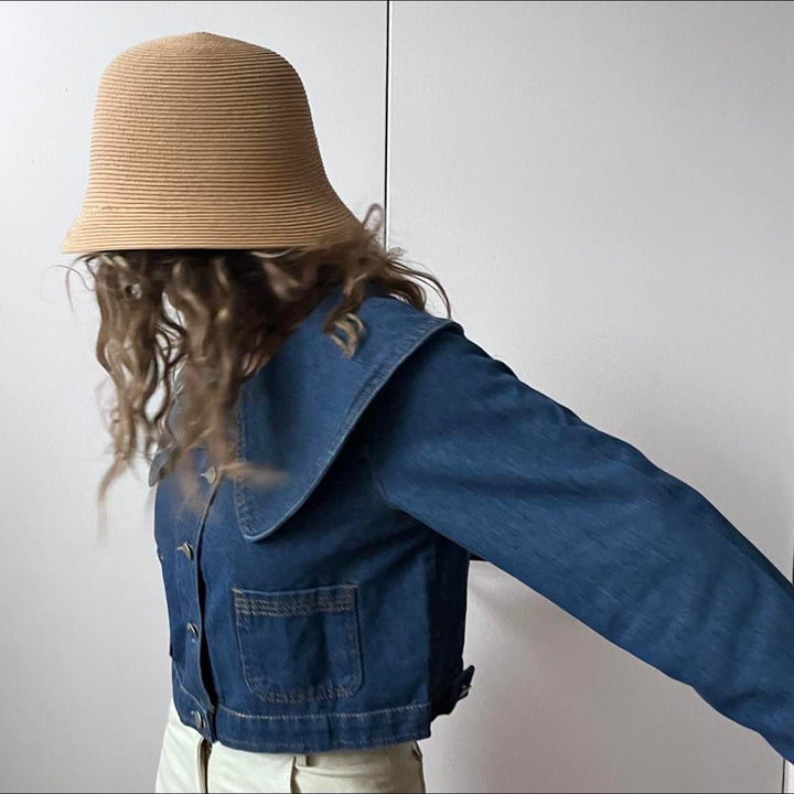 Blue cropped denim jacket with oversize peter pan collar